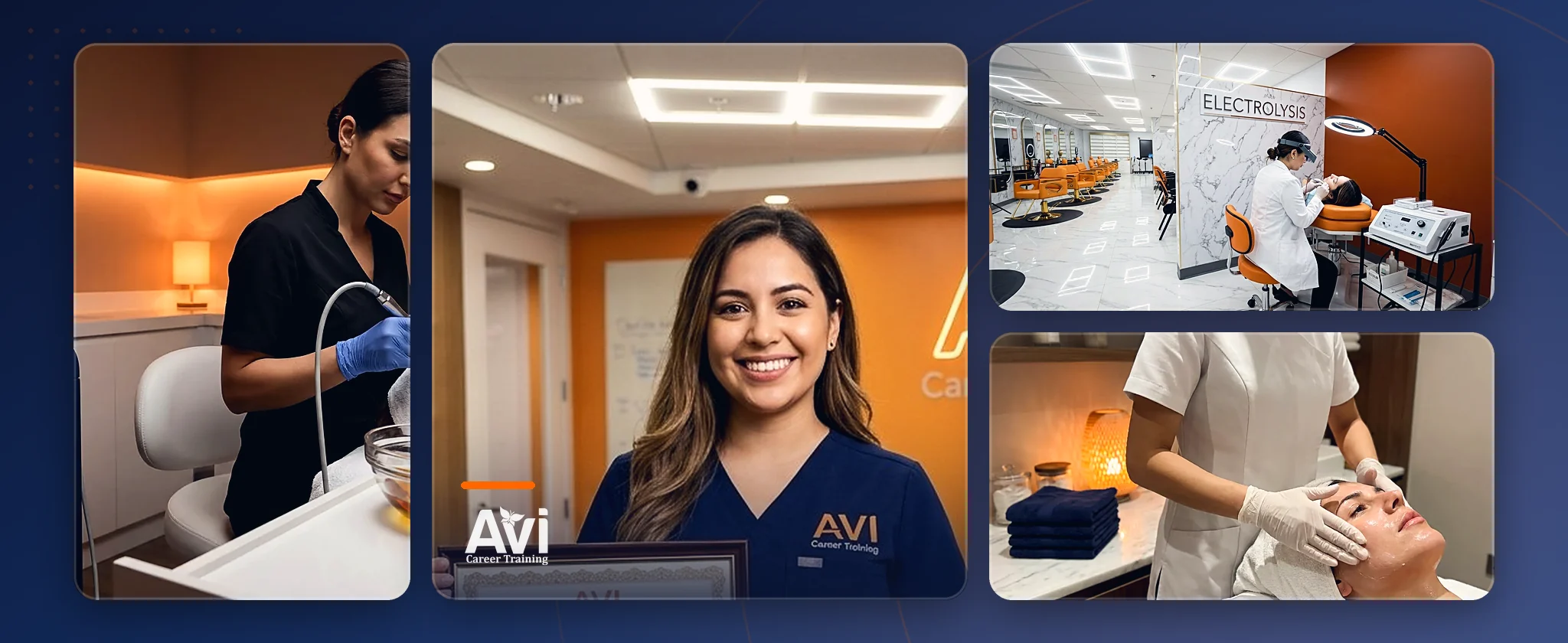 An AVI Career Training graduate in AVI scrubs, with the AVI electrolysis lab and an esthetics treatment room