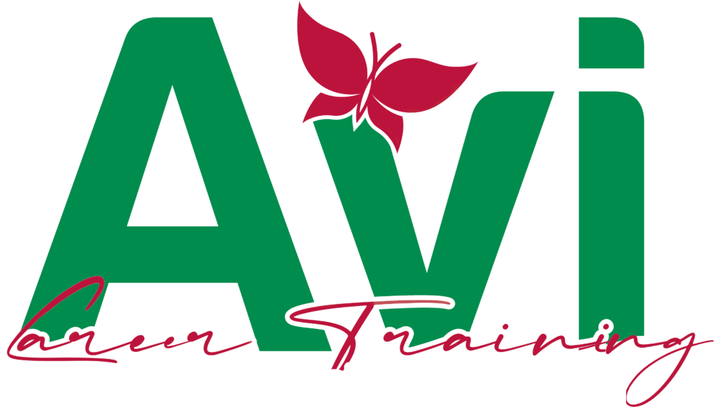 Logo featuring the letters "Avi" in green, with a red butterfly symbol on the "v". Below, the words "Career Training" are written in red cursive.