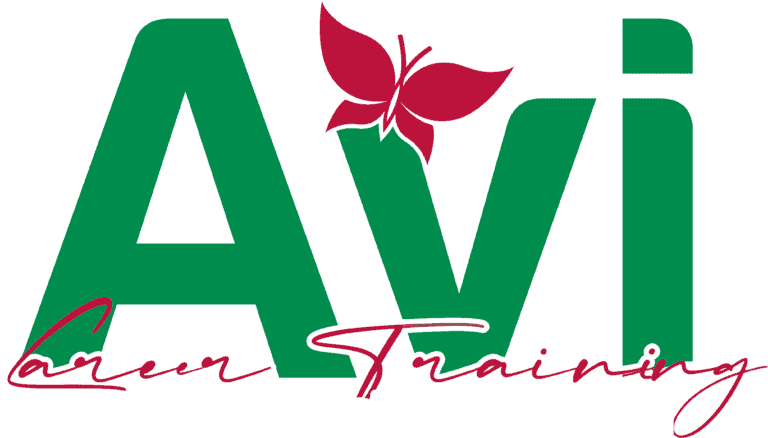 Logo featuring the letters "Avi" in green, with a red butterfly symbol on the "v". Below, the words "Career Training" are written in red cursive.