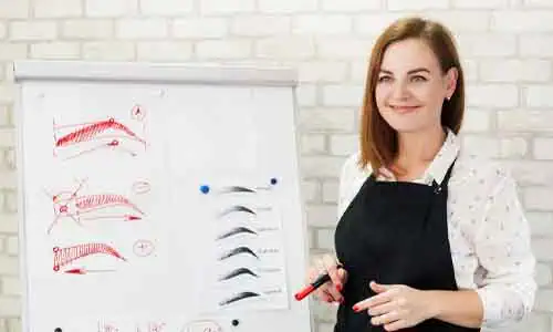 A woman with shoulder-length hair stands next to a whiteboard displaying eyebrow shapes and drawing techniques. She is smiling, holding a red marker, and appears to be giving a tutorial or lesson on cosmetology in Fairfax County. The background features a white brick wall.