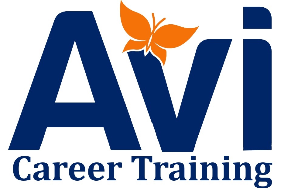 The AVI Career Training logo features a butterfly above the "V" with "Career Training" text below.