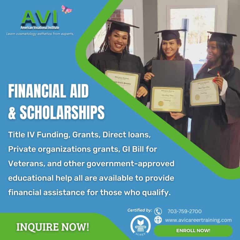 An advertisement for the American Vocational Institute shows three smiling graduates holding certificates. The text highlights financial aid and scholarships, including Title IV Funding, grants, Direct loans, the GI Bill for veterans, and other educational help. Pursue Electrolysis or Cosmetology in Fairfax County.