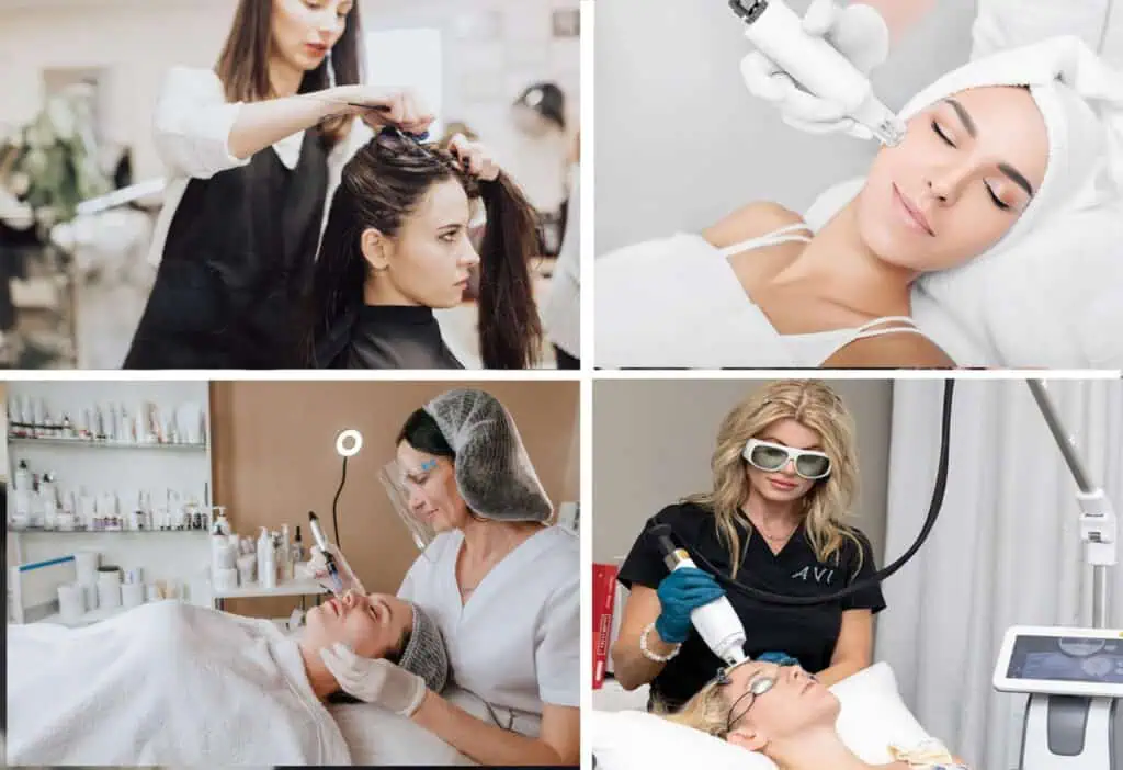 Professional cosmetologists and estheticians in training at AVI Career Training perform a variety of beauty treatments and skincare procedures on clients. Students work in a modern spa-like classroom using professional tools and techniques under instructor supervision, highlighting hands-on education in facials, peels, and advanced skincare. The environment reflects both career-focused training and a relaxing client experience.