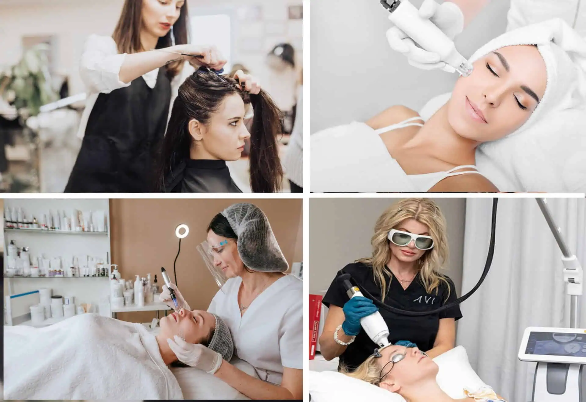 Professional cosmetologists and estheticians in training at AVI Career Training perform a variety of beauty treatments and skincare procedures on clients. Students work in a modern spa-like classroom using professional tools and techniques under instructor supervision, highlighting hands-on education in facials, peels, and advanced skincare. The environment reflects both career-focused training and a relaxing client experience.