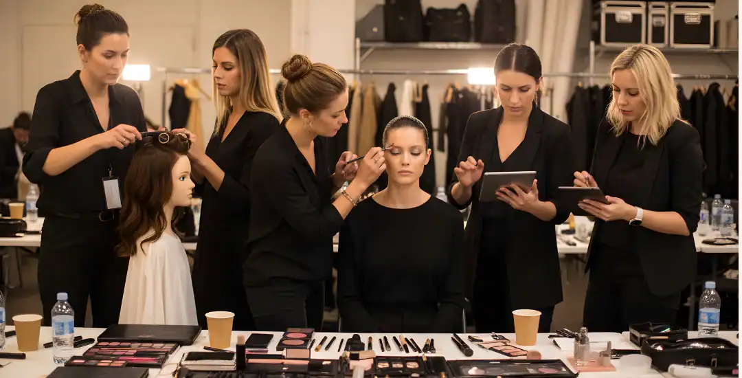 A woman sits with eyes closed as a makeup team applies cosmetics and consults tablets. Makeup tools, water bottles, and cups are on the table in a busy backstage setting with shelves and clothing in the background.