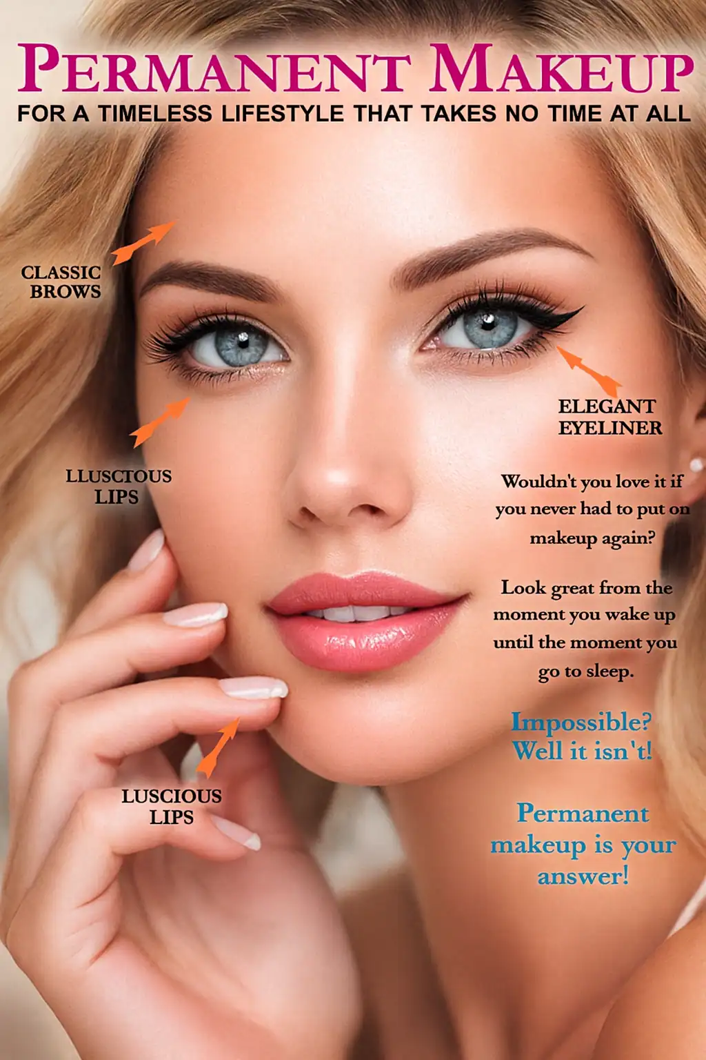 A close-up of a woman’s face with text promoting permanent makeup by Master Esthetics, highlighting her brows, lips, and eyeliner. Orange arrows point to "classic brows," "elegant eyeliner," and "luscious lips." Promotional text appears on the right.