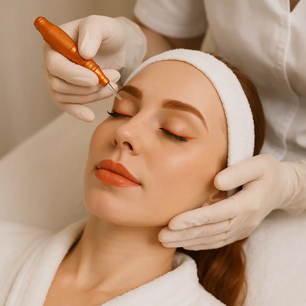 A woman with a headband and closed eyes receives permanent eyeliner makeup. A Master Esthetics specialist wearing gloves holds an applicator near her eyelid and gently supports her face. The woman appears relaxed during the procedure.