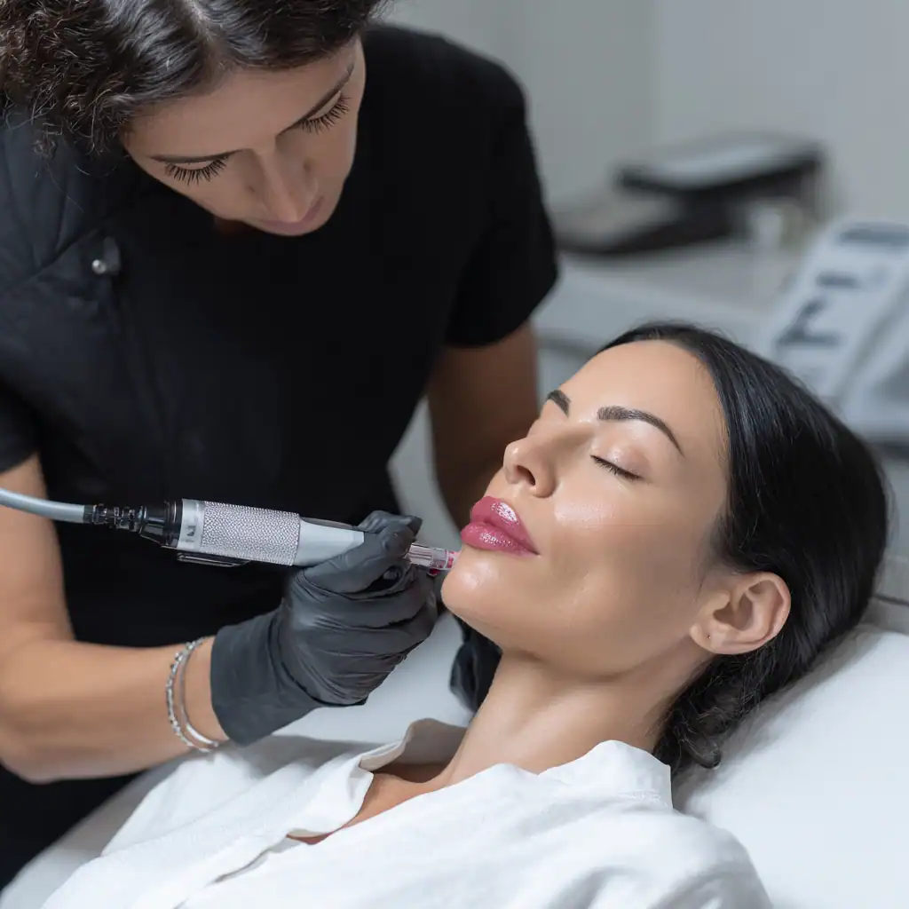 A woman with dark hair lies on a treatment bed with her eyes closed while a Master Esthetics professional wearing black gloves uses a microneedling device on her lips in a clinical setting.