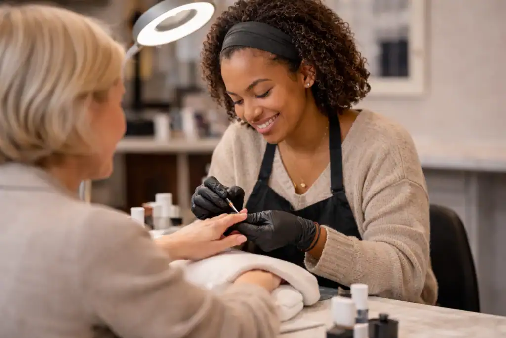 A smiling nail technician wearing black gloves applies nail polish to a client's fingernails in a modern, well-lit Beauty School Fairfax County salon. The client’s hand rests on a white towel, with nail polish bottles displayed on the table.