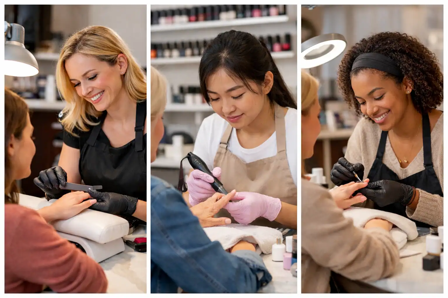 Three nail technicians, trained at a Beauty School in Fairfax County, smile as they work on clients' nails in a salon. Each technician uses tools and wears gloves, while clients rest their hands on cushions with nail polish shelves in the background.