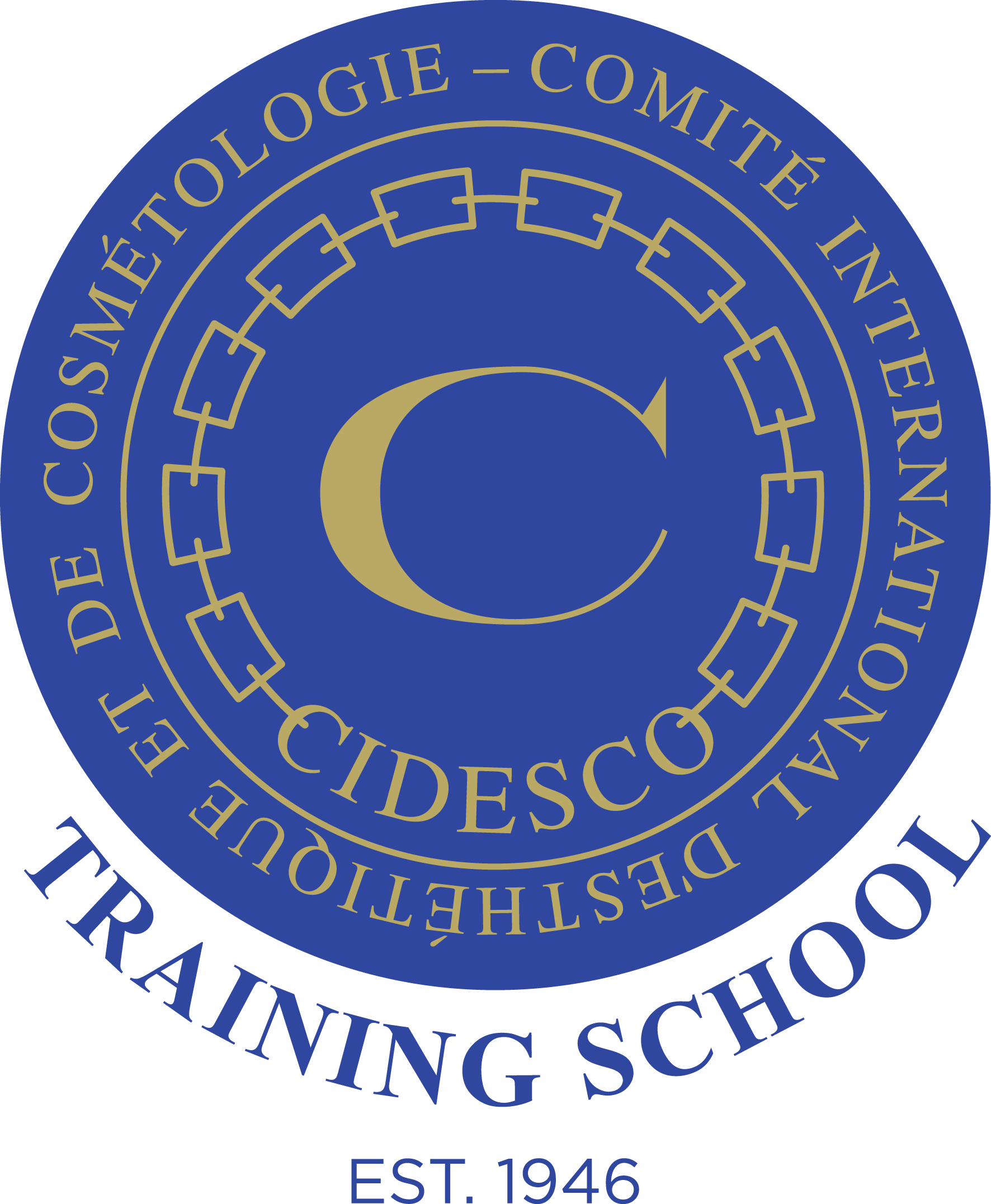 A blue and gold circular logo for CIDESCO, reading "Comité International d'Esthétique et de Cosmétologie" and "Training School," highlighting its status as a renowned beauty school, with a large C in the center and "Est. 1946" at the bottom.