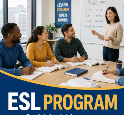Four adults in a classroom smile as they attend an Instructor Esthetics ESL program lesson together.