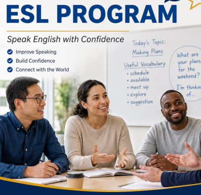 Three adults at a table smile and talk during an Instructor Esthetics ESL lesson shown on the whiteboard.