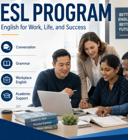 Four adults study with books and a laptop in an Instructor Esthetics ESL program classroom setting.